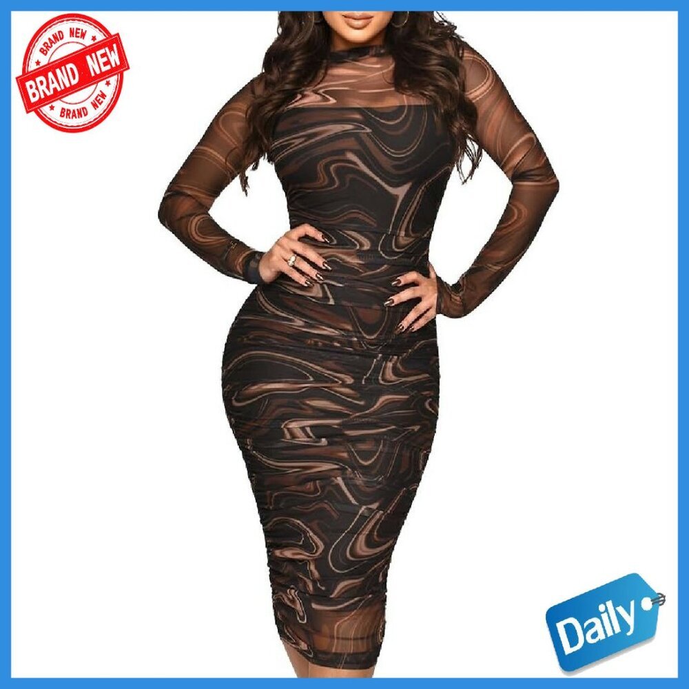 Sexy Sheer Mesh Long Sleeve Midi Dress 2 Piece Set Bodycon Party Clubwear